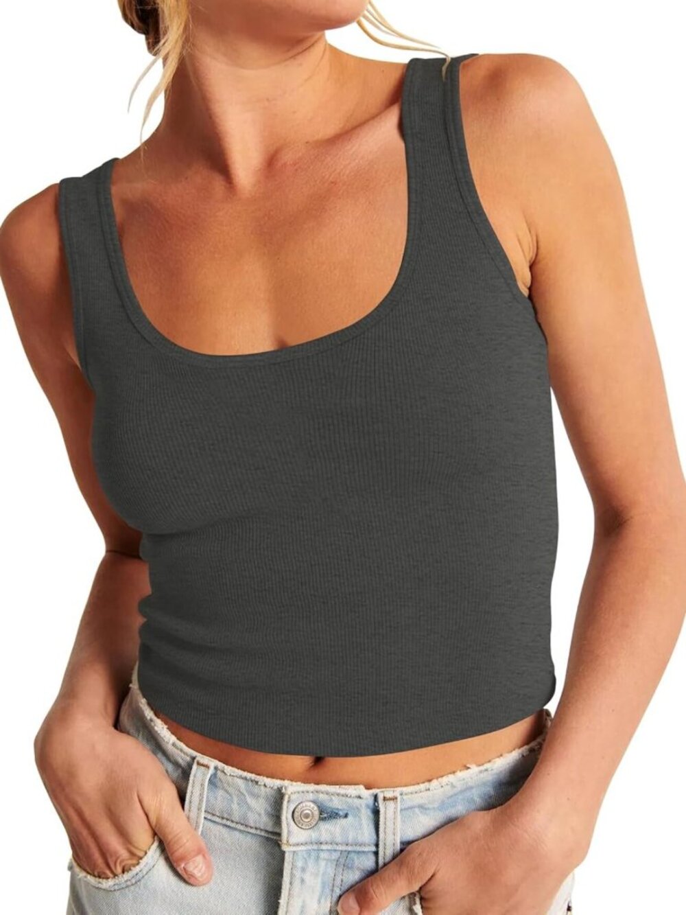 Scoop Neck Sleeveless Knit Ribbed Fitted Casual Crop Tank Top for Women